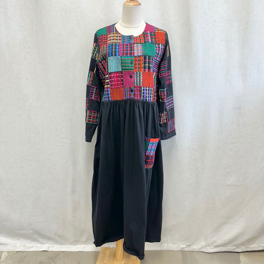 Michael Simon Lite Black Artsy Patchwork Embroidered Lagenlook Maxi Dress‎ Large